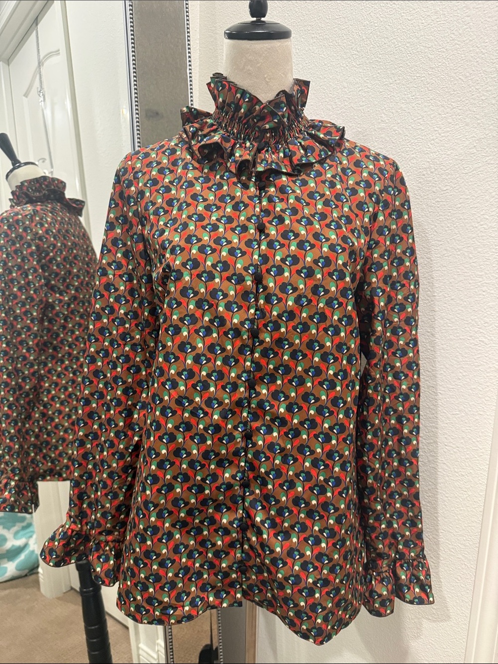 Zara Brown Floral-Print Ruffle Neck Button Down